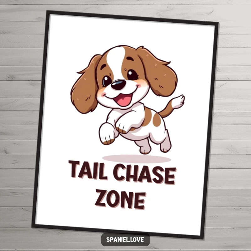 Funny spaniel character caught in a comical tail-chasing spree with a happy yip, presented as lively wall art.