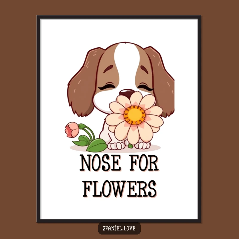 Funny Spaniel Flower Joy Poster: Whimsical Wall Art of a Happy Dog.