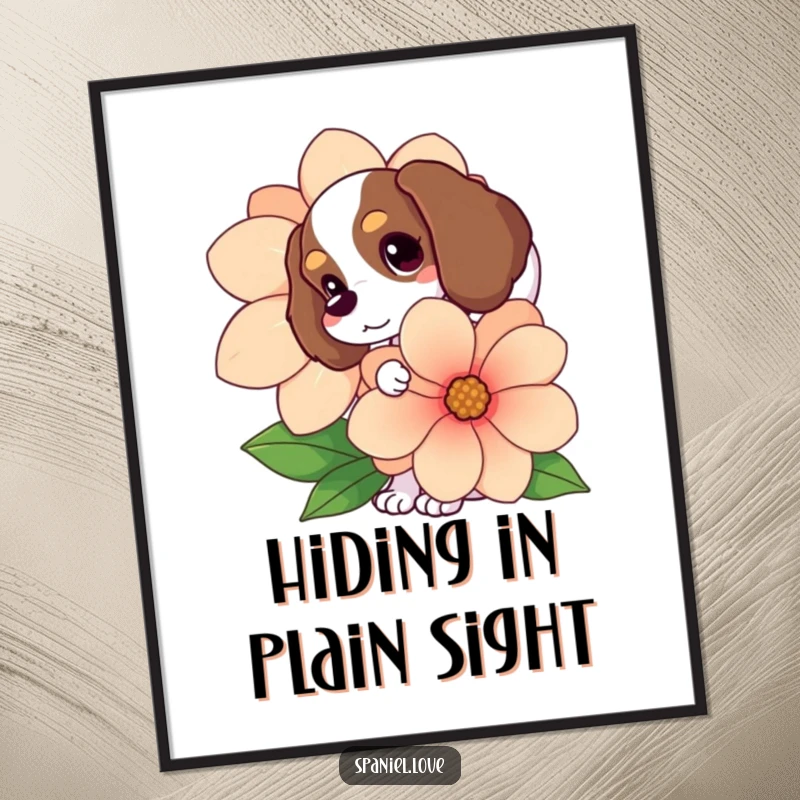 Funny Spaniel poster, tail wagging, peeking out from behind a colossal flower, a humorous and heartwarming visual.