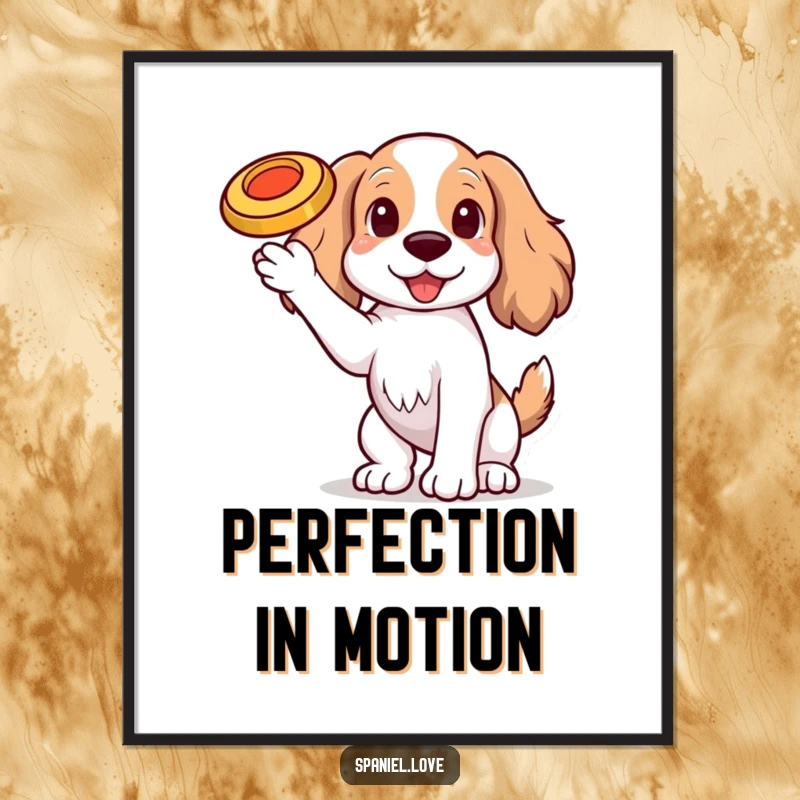 Funny Spaniel dog with one paw raised, balancing a tiny, spinning frisbee on its nose on a poster, symbolizing skill and joy.