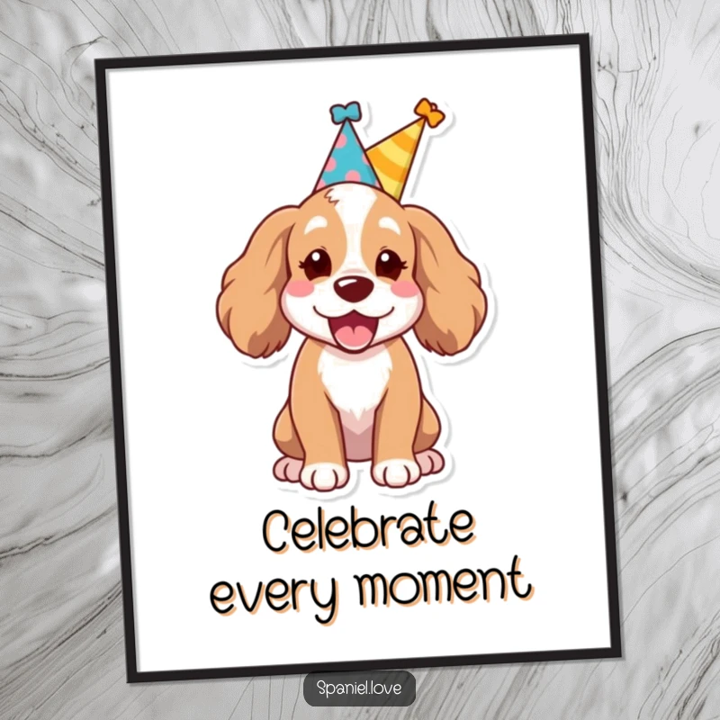 Funny Spaniel dog wearing a small party hat, letting out a joyful bark on a poster, symbolizing festive cheer.