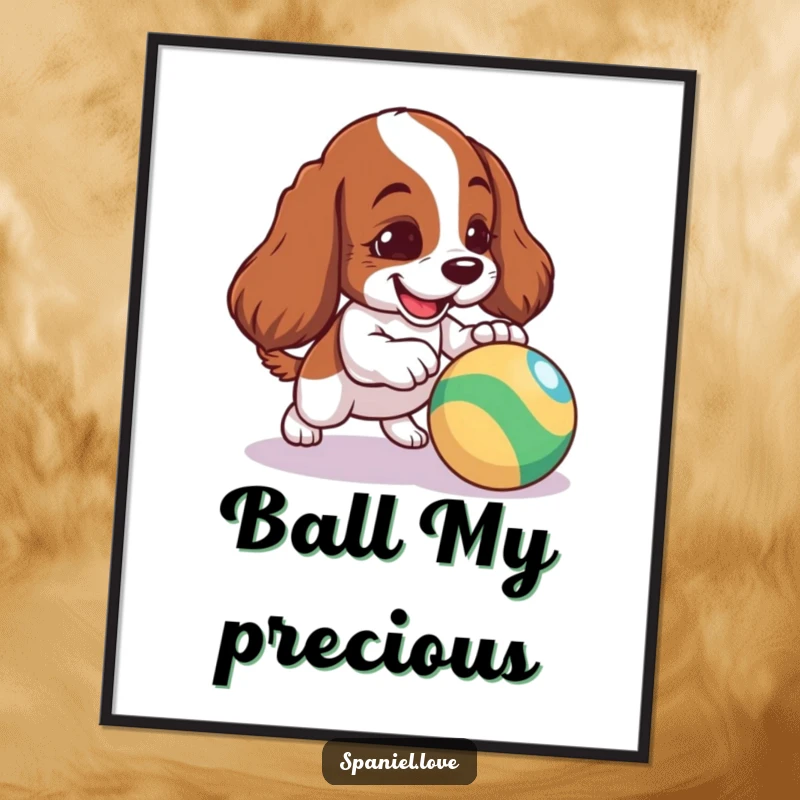 Funny Spaniel Poster: A mischievous spaniel intently nudging a brightly colored, bouncing ball, full of playful spirit.