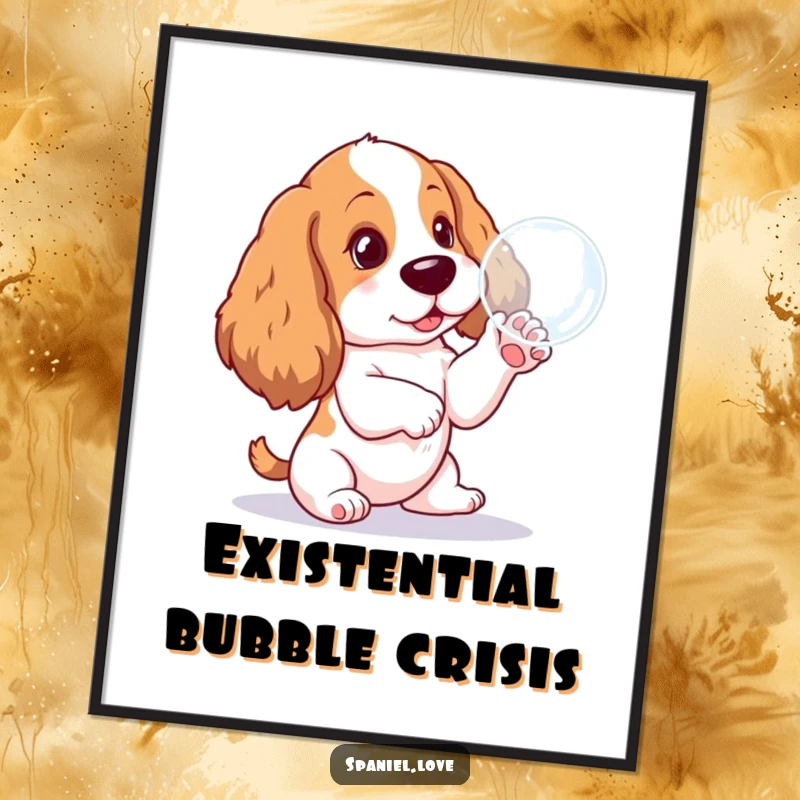 Funny Spaniel pup poster, captivated by a floating bubble, a moment of pure, unadulterated canine fascination and fun.