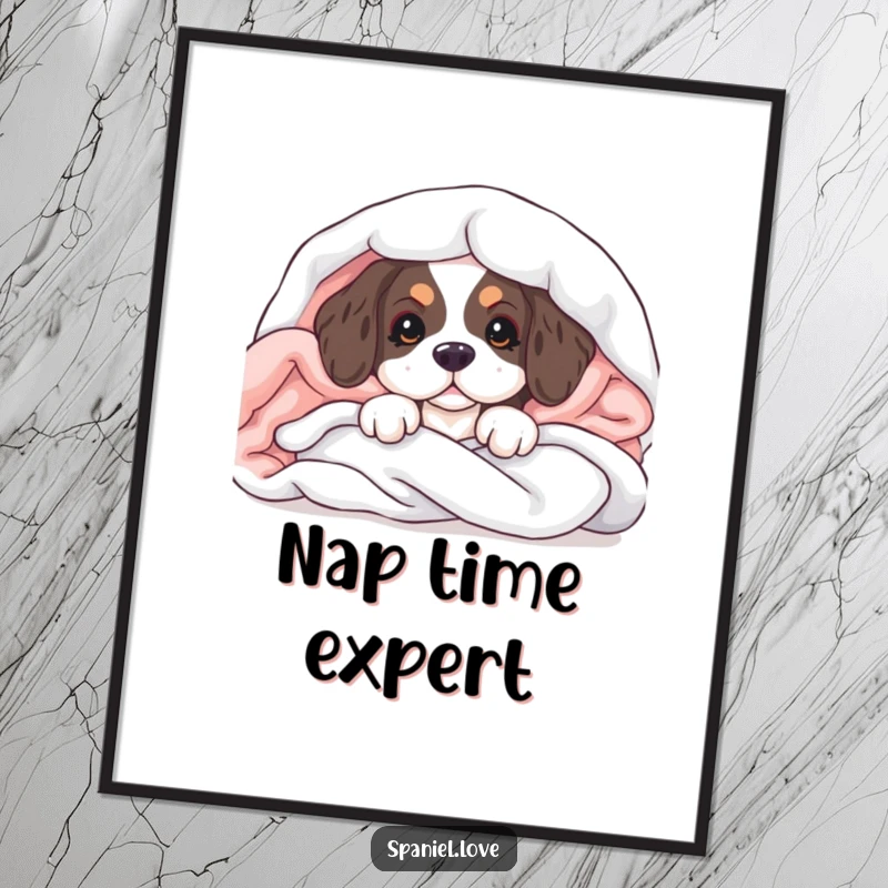 Funny poster art of a spaniel puppy peeking from a pile of soft blankets, capturing a moment of endearing sweetness.