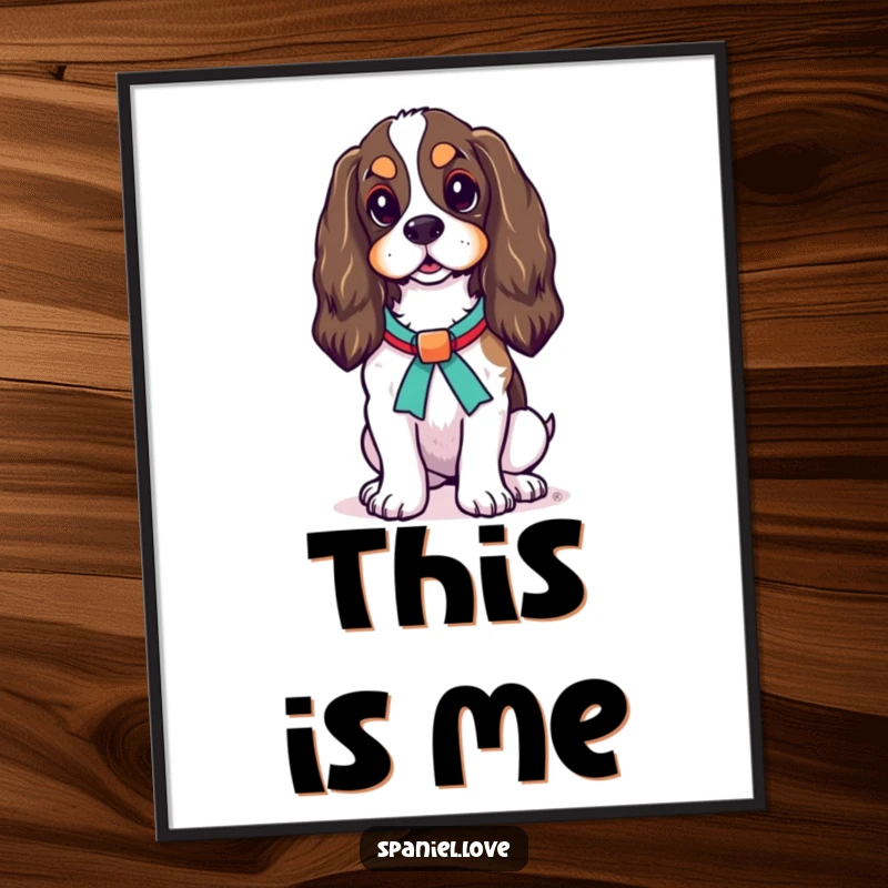 Funny Spaniel Ribbon Poster: A proud spaniel stands elegantly, a colorful ribbon tied around its neck, looking distinguished.