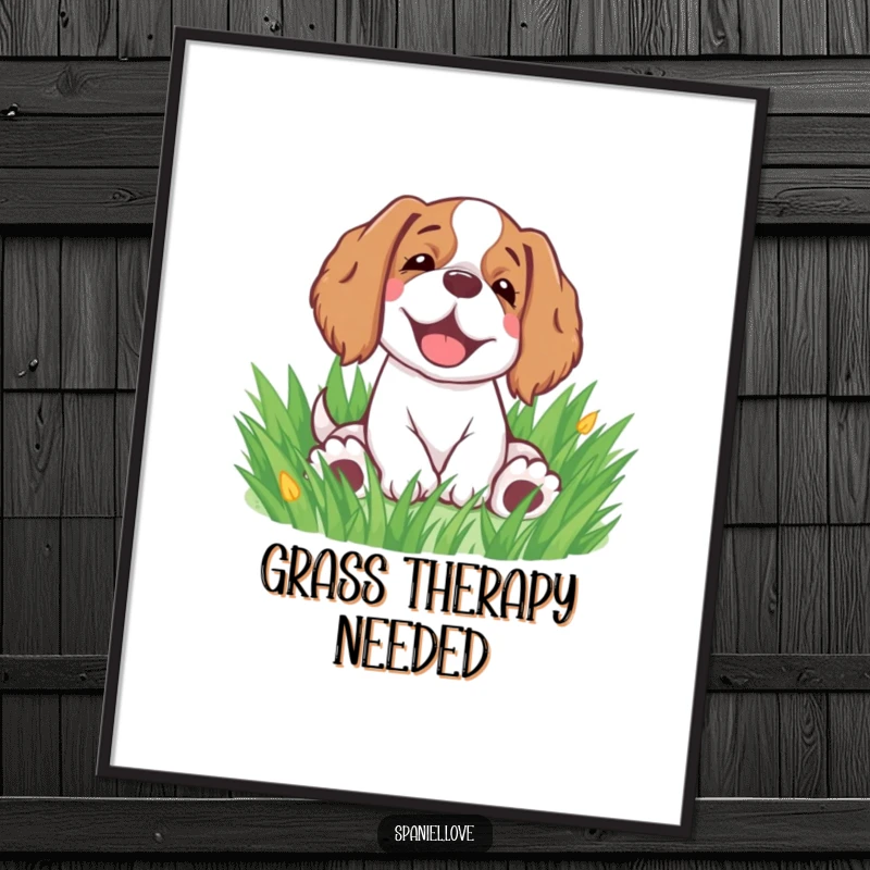 Funny spaniel poster showing a happy spaniel rolling in grass with a sigh - a heartwarming piece of wall art.