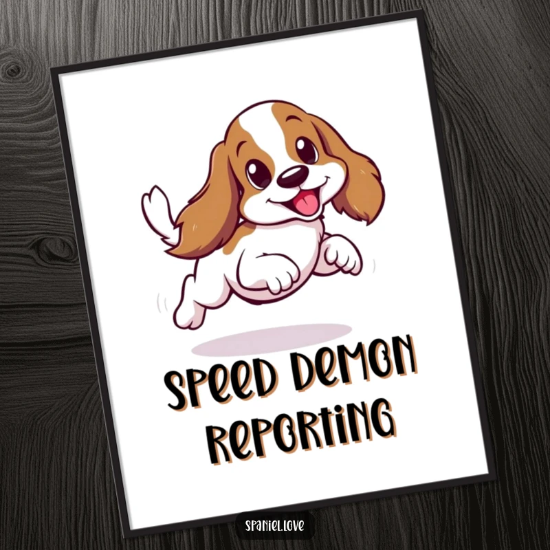 Funny spaniel performing a comical sideways scurry with extreme tail wagging, a hilarious wall art.