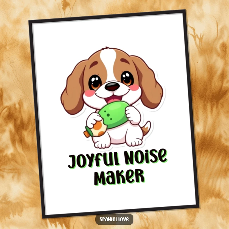 Funny poster featuring a spaniel with a wide, ecstatic grin, happily holding a squeaky toy.