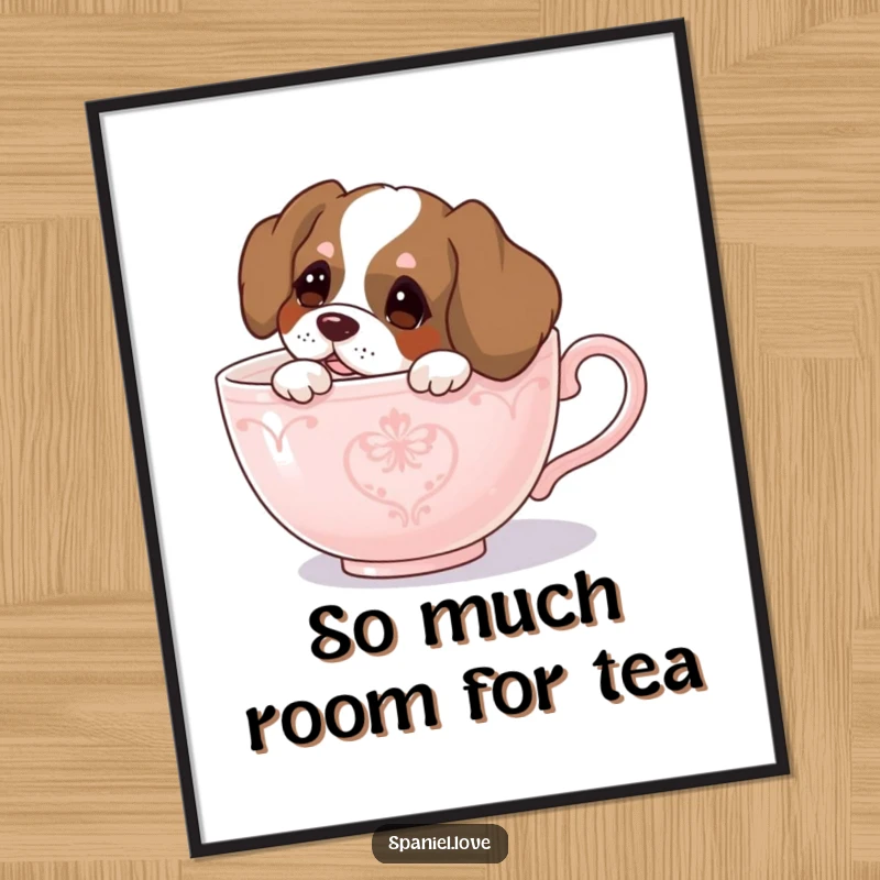 Funny spaniel poster, a curious dog peeking out from an oversized teacup, creating a whimsical and heartwarming scene.