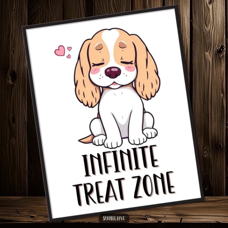 Funny Spaniel Treat Dream Poster: A cute spaniel dog peacefully sleeps, eyes shut, lost in a world of fantastical, infinite treats.