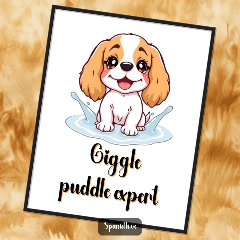 Funny Spaniel Poster: A spaniel with twinkling eyes splashes with delight in a puddle visualized as overflowing giggles.