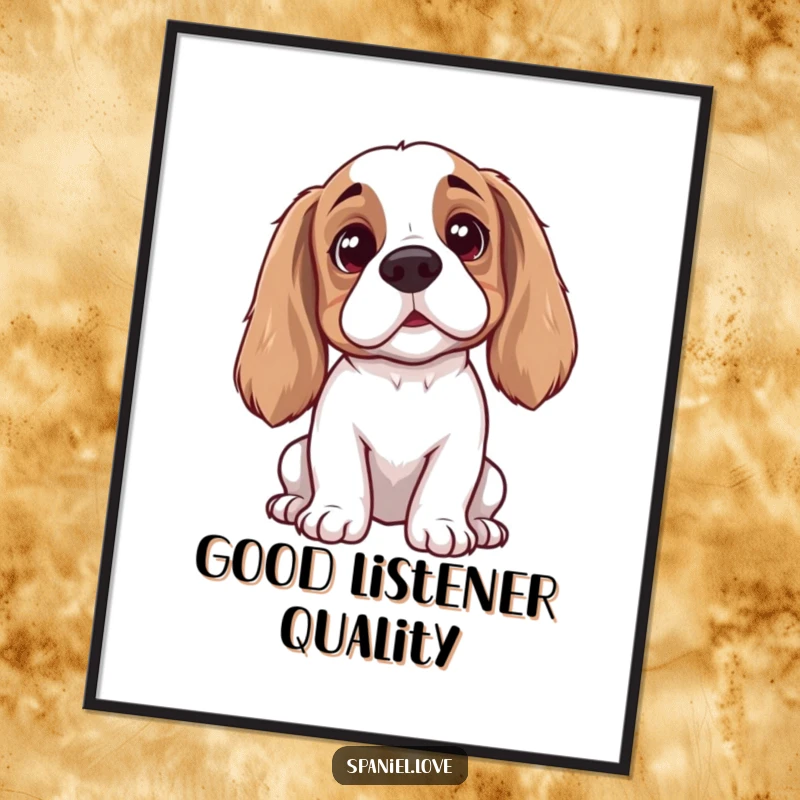 Funny spaniel poster showing a dog with perked ears and a tilted head, listening with intense curiosity, perfect for humorous wall art.