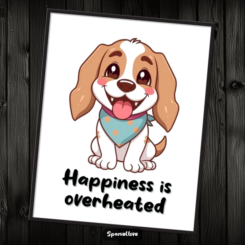 Funny spaniel wearing a bandana, panting happily with an open mouth, a cheerful wall art.