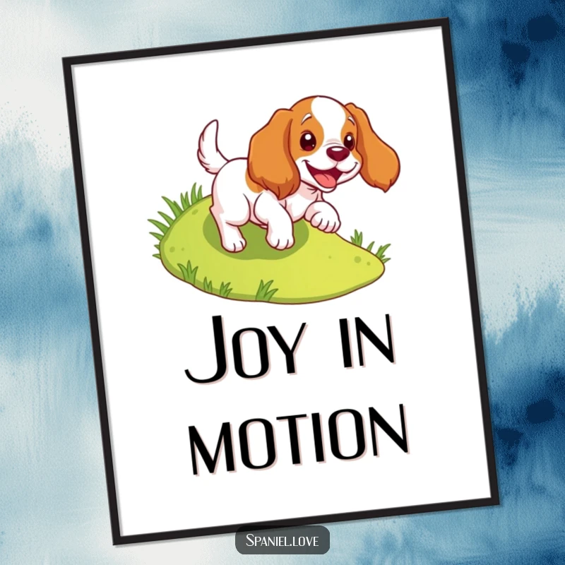 Funny spaniel poster illustrating a dog joyfully tumbling down a grassy slope, evoking happiness and freedom.