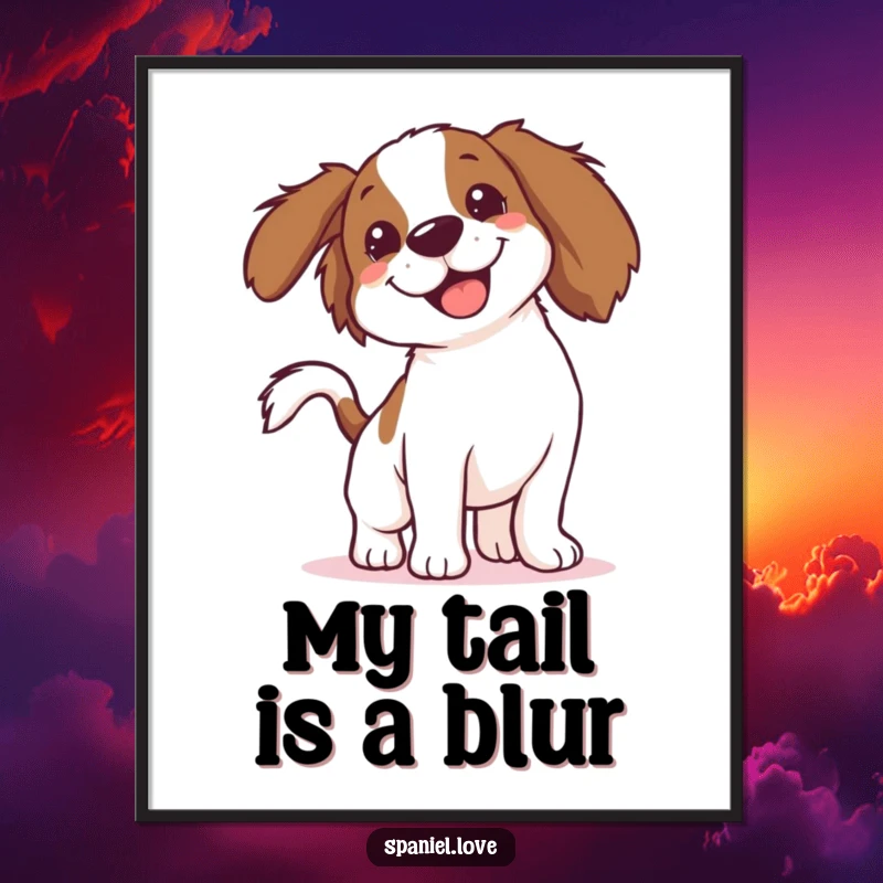 Funny Spaniel Poster: A spaniel's entire form is a dynamic blur from its wildly wagging tail, exuding pure, uninhibited canine happiness.