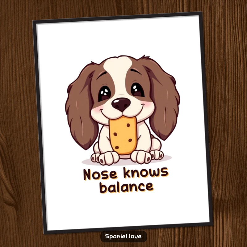 Funny Spaniel Poster: A spaniel with a silly grin is captured mid-balance, attempting to keep a treat on its nose.