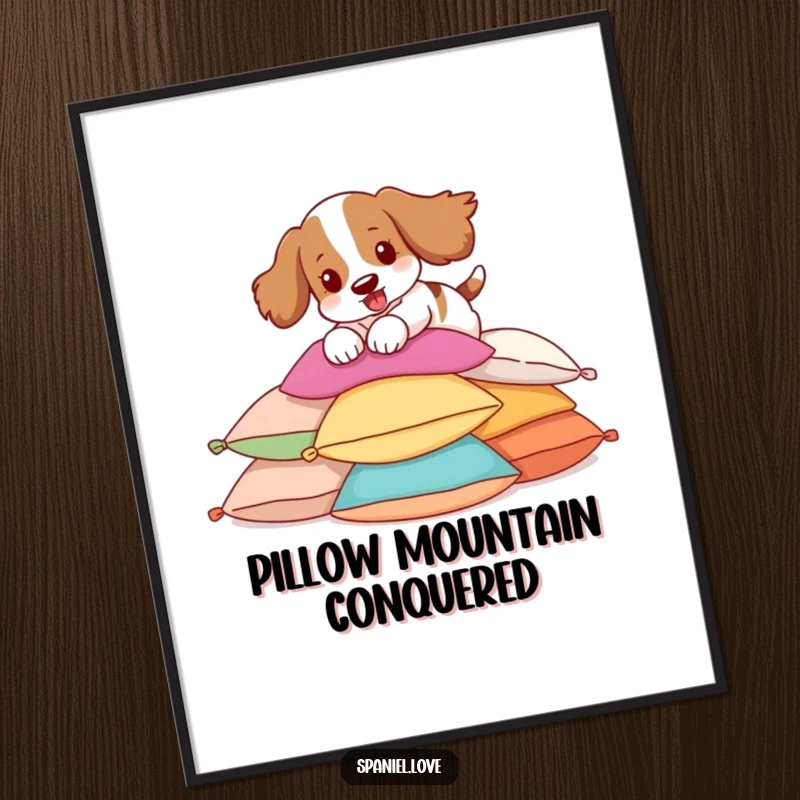 Funny Spaniel Poster of a spaniel diving joyfully into a pile of pillows, adding charm and humor.