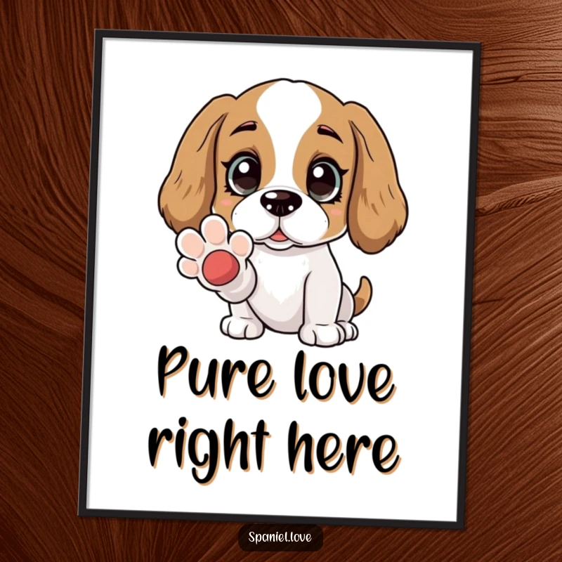 Funny Spaniel poster depicting wide, adoring eyes and an offered paw. This artwork captures the essence of unconditional love and sincere friendship.
