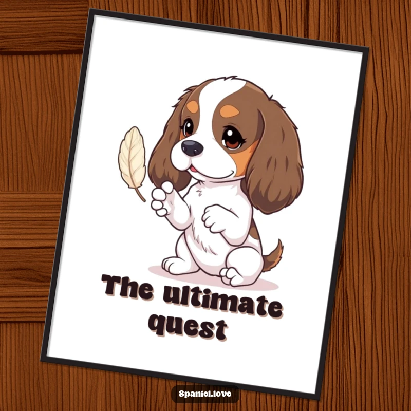 Funny spaniel poster illustrating tiny paws batting at a floating feather, perfect for adding whimsical charm.