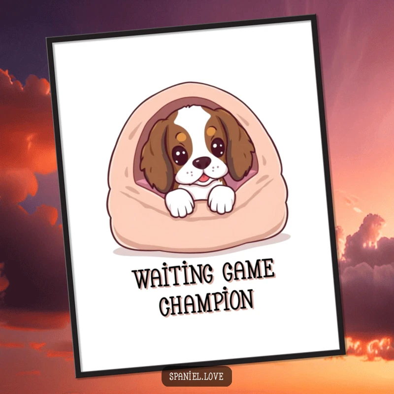 Funny spaniel dog peeking out from its bed with wide eyes filled with anticipation, a delightful wall art.