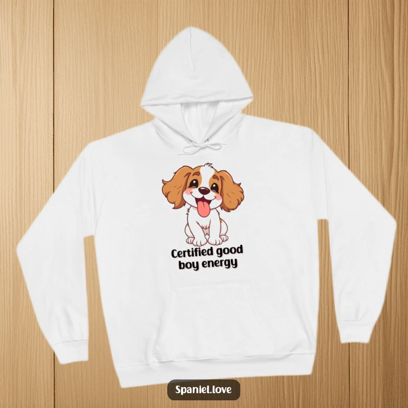 Funny Spaniel Hoodie: A gleeful dog spinning with pure delight, tongue happily hanging out, a hilarious and cozy apparel.