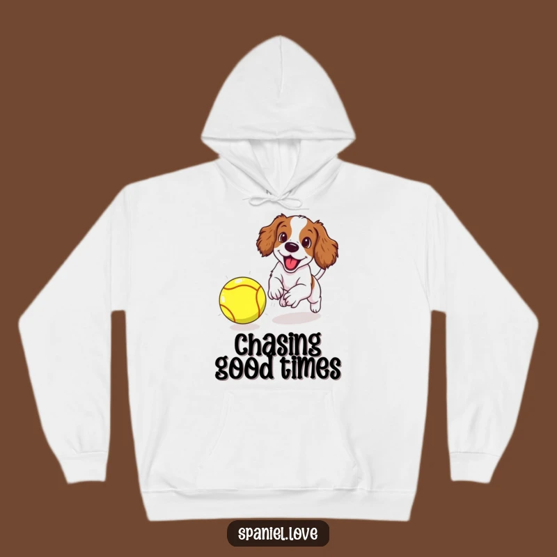 Cozy Funny Spaniel Puppy Hoodie: Chasing Giant Ball, Warm & Humorous