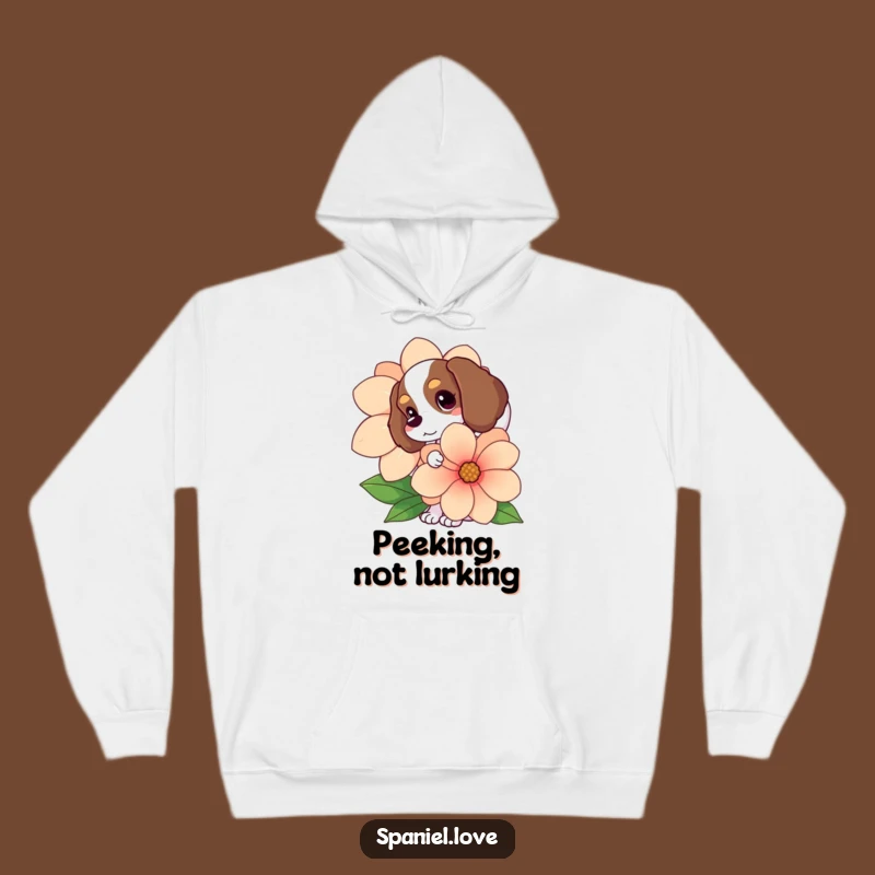 Cozy Funny Spaniel Flower Peek Hoodie: Warm Wagging Tail Dog Gift