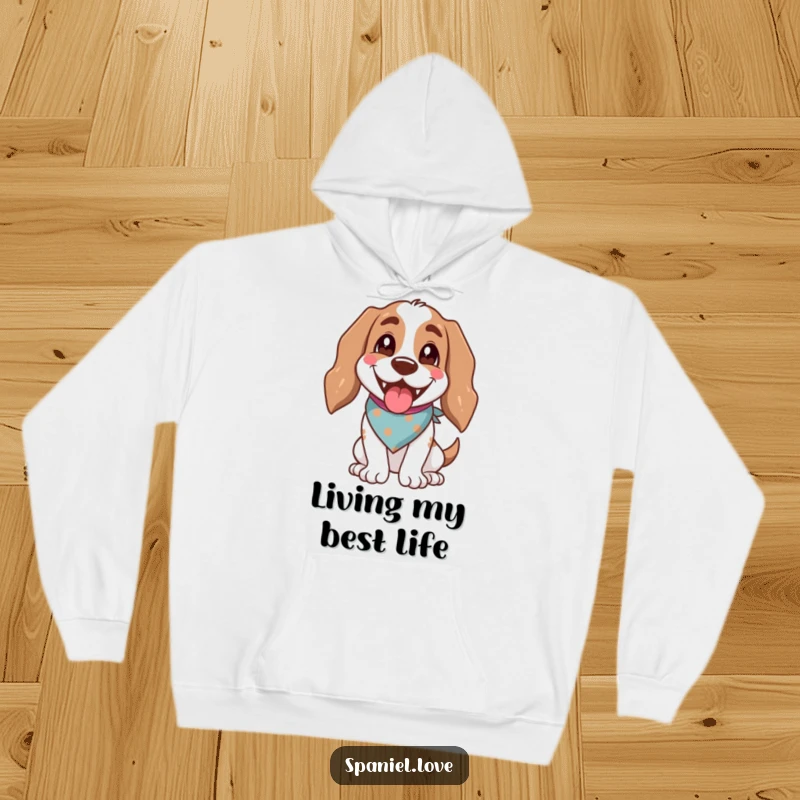 Funny spaniel character wearing a bandana, panting happily with an open mouth, printed on a soft hoodie.