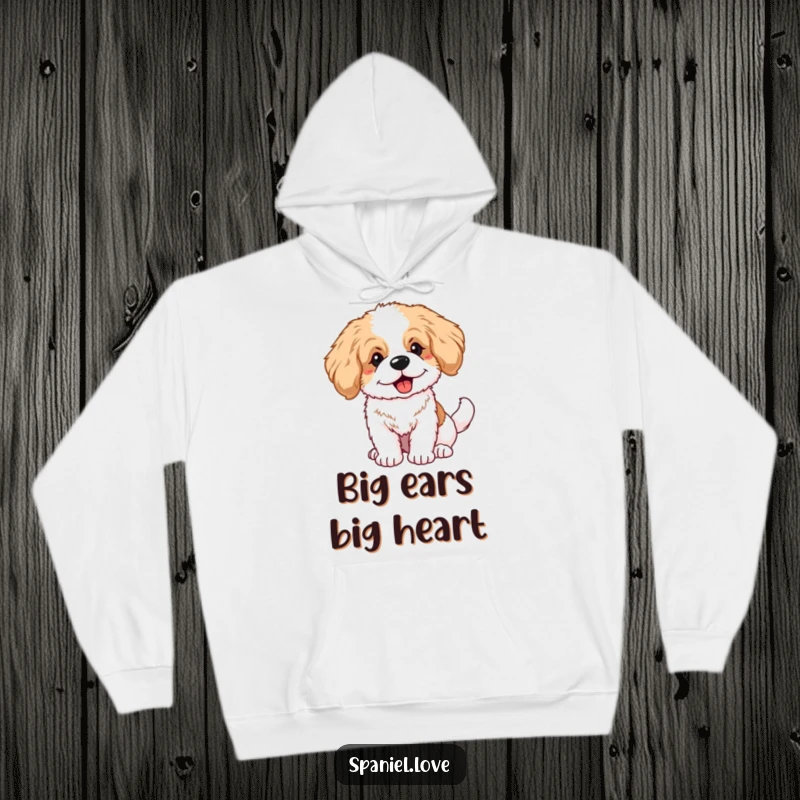 Soft hoodie featuring a funny, fluffy spaniel puppy with large ears, its tail wagging wildly in a joyful design.