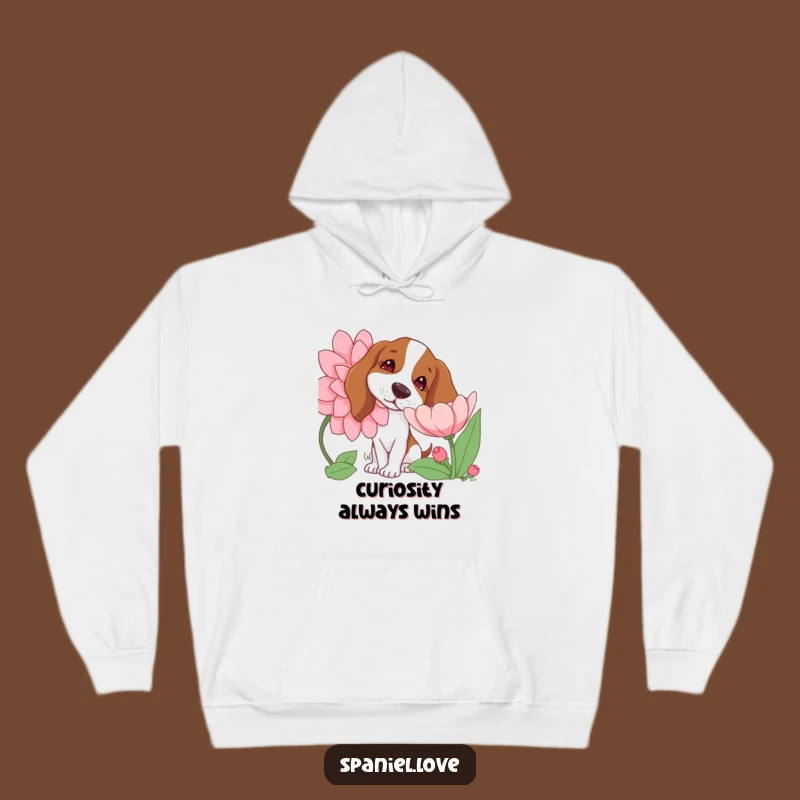 Funny Spaniel Hoodie: Curious Flower Sniffing Dog with Tilted Head Gift