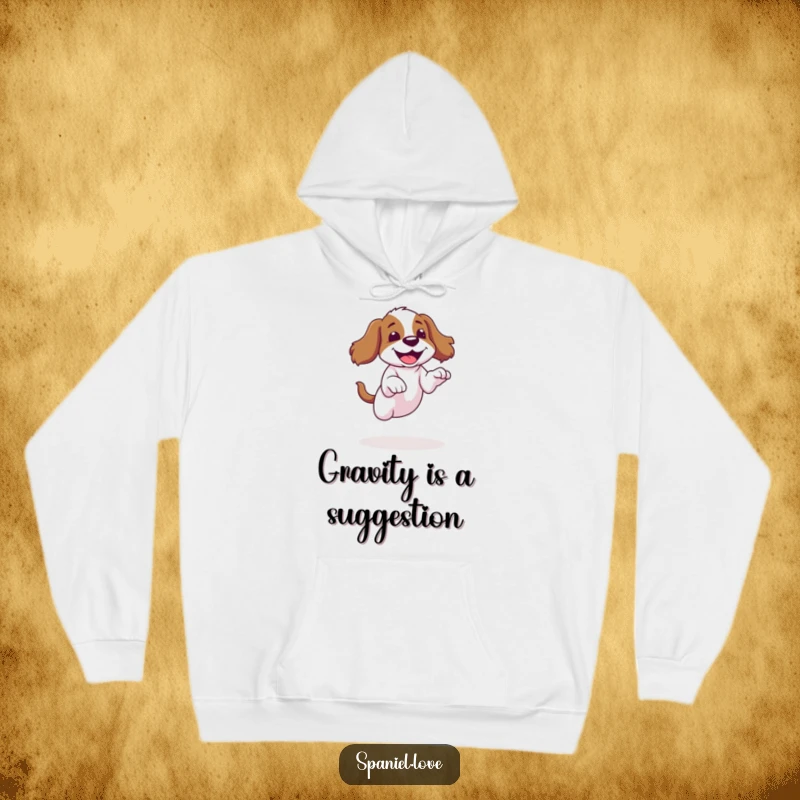 Funny spaniel hoodie showcasing a dog's failed jump and subsequent giggle, a warm and humorous gift.