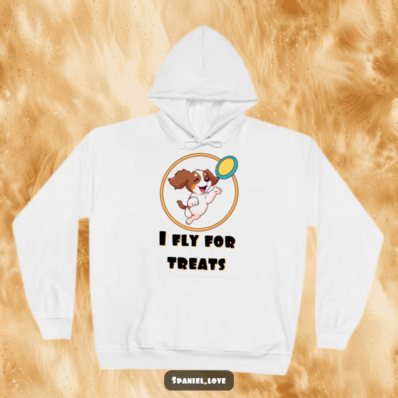 Funny Spaniel Hoodie: A spaniel leaps through a hoop to catch a frisbee, depicted in a dynamic and funny action pose.