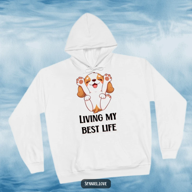Funny spaniel hoodie featuring a cartoon spaniel playfully rolling onto its back, paws in the air, sporting a happy grin.