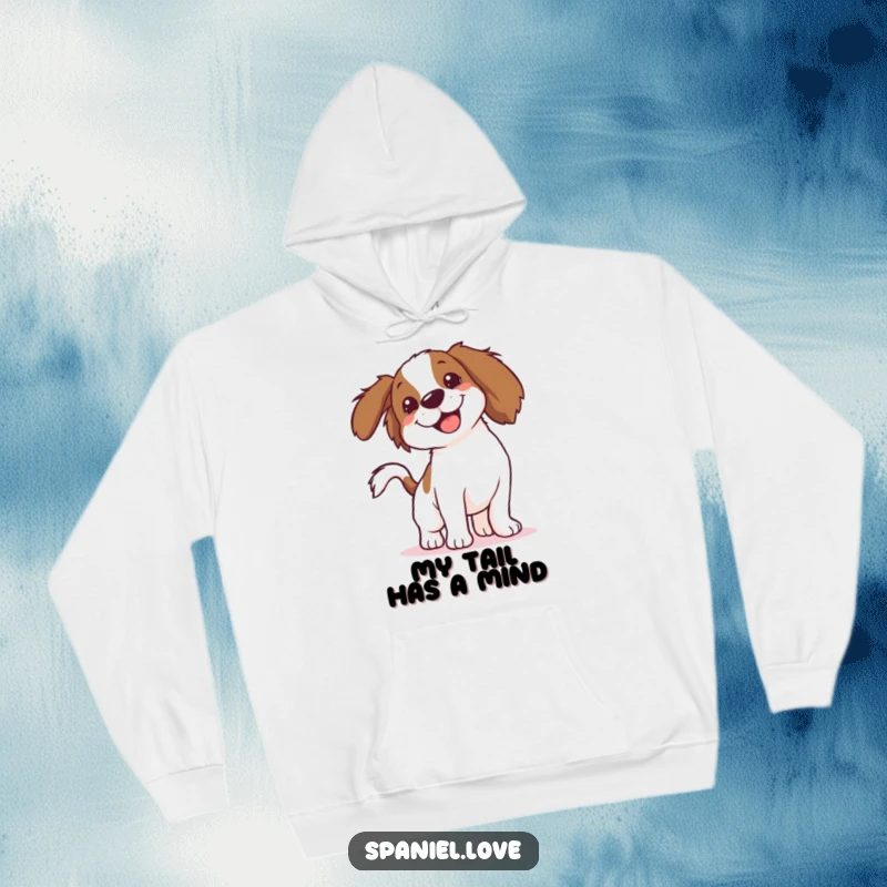 Funny Spaniel Hoodie: A spaniel's body depicted as a hilarious blur due to an uncontrollably wagging tail, radiating pure doggy bliss.
