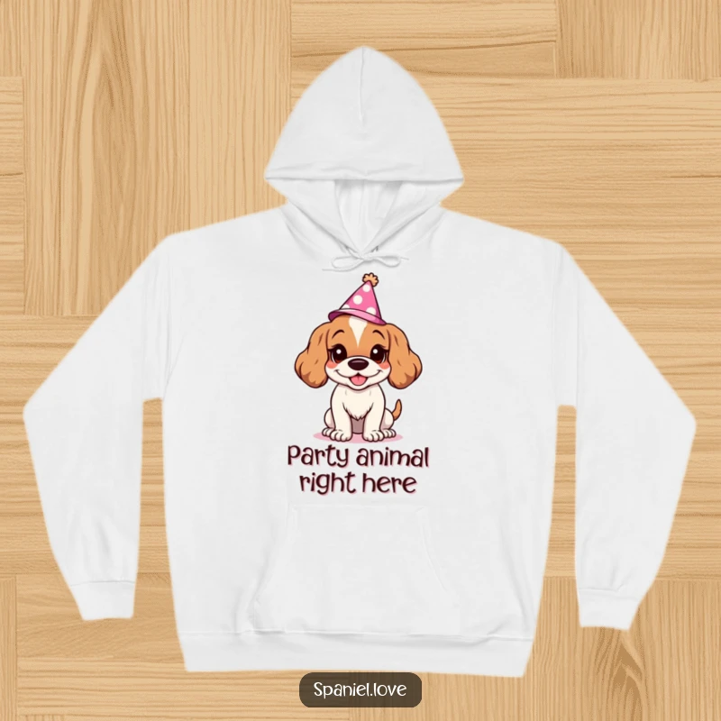 Funny Spaniel hoodie with a character sporting a goofy grin and a party hat. This design is all about festive cheer and canine merriment.