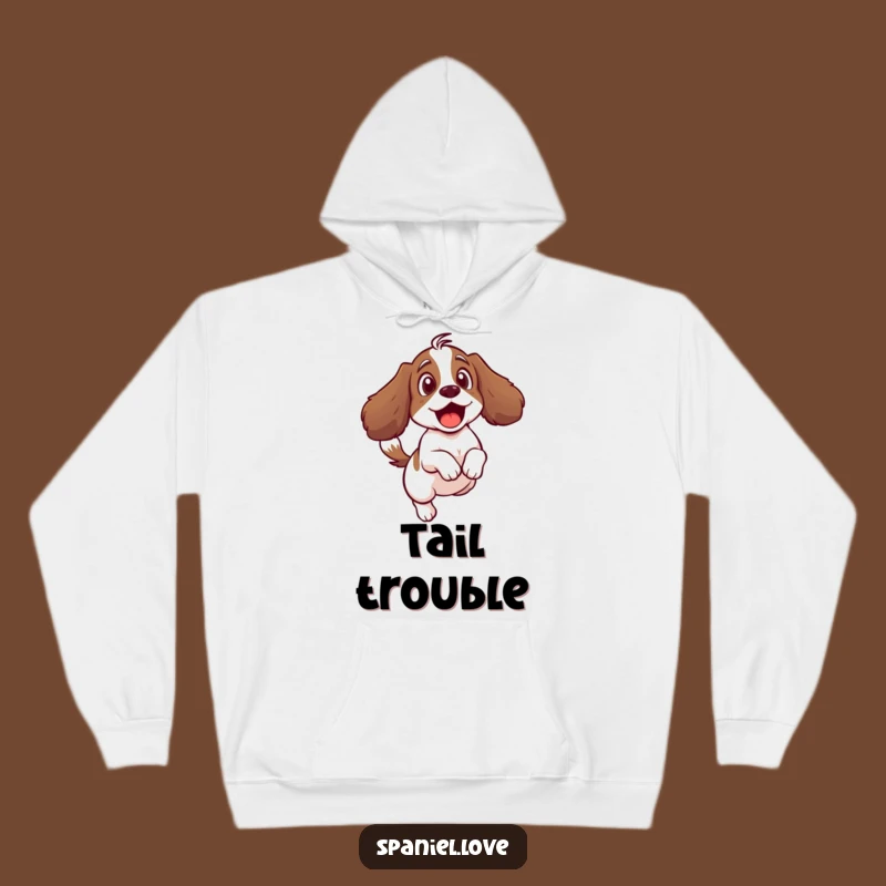 Funny Spaniel Tail Surprise Hoodie: Cozy Comfort with a Hilarious Dog Moment.