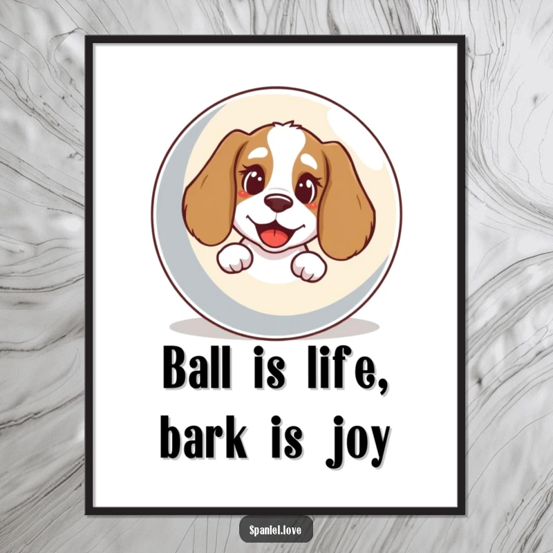 Funny Free Printable Wall Art: A spaniel with a happy bark peeking out from behind a giant ball.