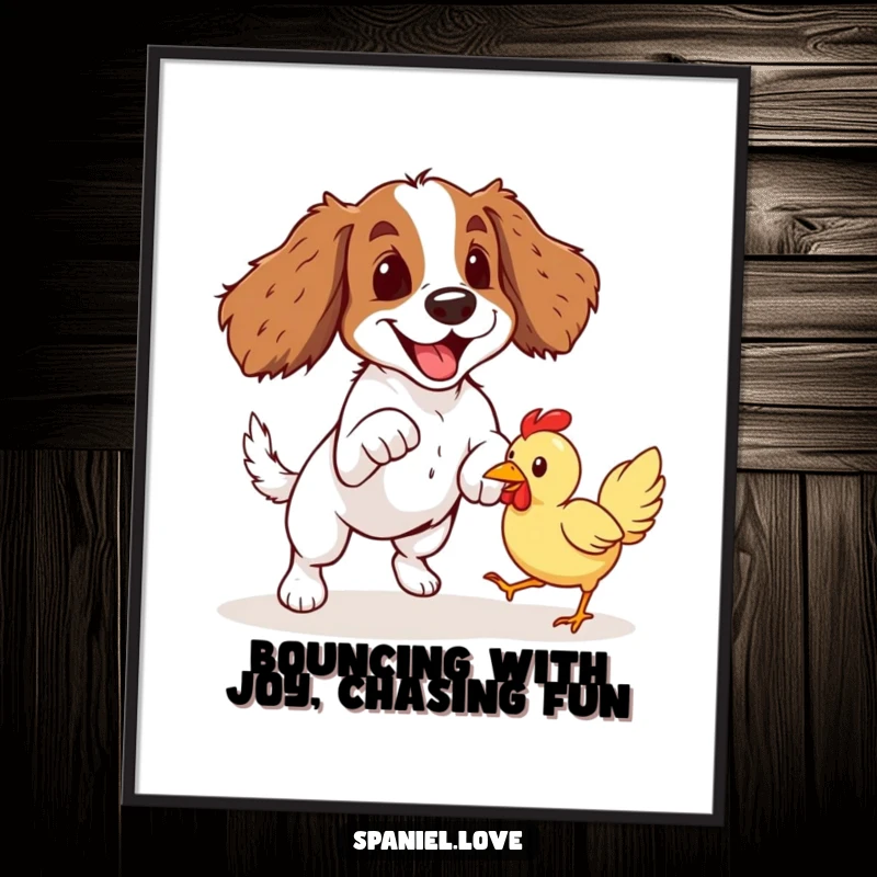 Funny Free Printable Wall Art: Spaniel in a playful pounce, ready to fetch a bouncing rubber chicken.