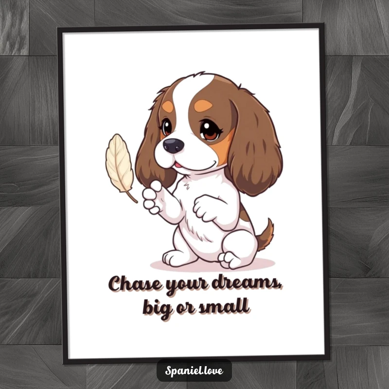 Funny Free Printable Wall Art: Spaniel with tiny paws intently batting at a floating feather. Charming dog.