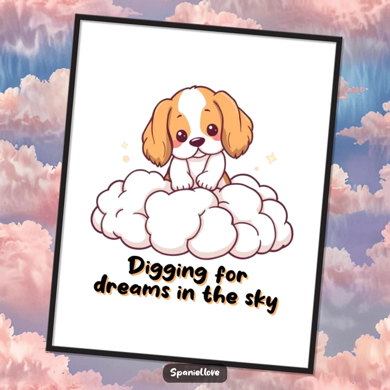 Funny Free Printable Wall Art: A playful spaniel digging energetically into a pile of fluffy clouds.