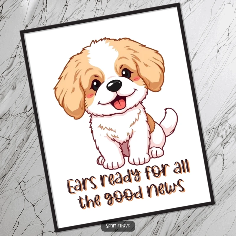 Funny Free Printable Wall Art: A fluffy spaniel puppy with big ears furiously wagging its tail with pure happiness.