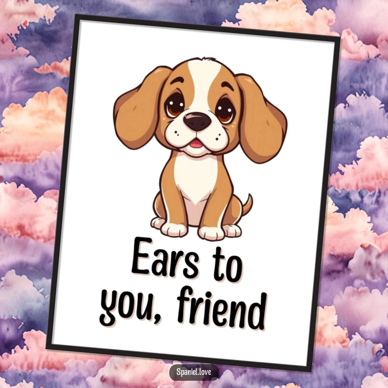 Funny Free Printable Wall Art: A spaniel character with its head tilted, listening intently with curious, expressive eyes.