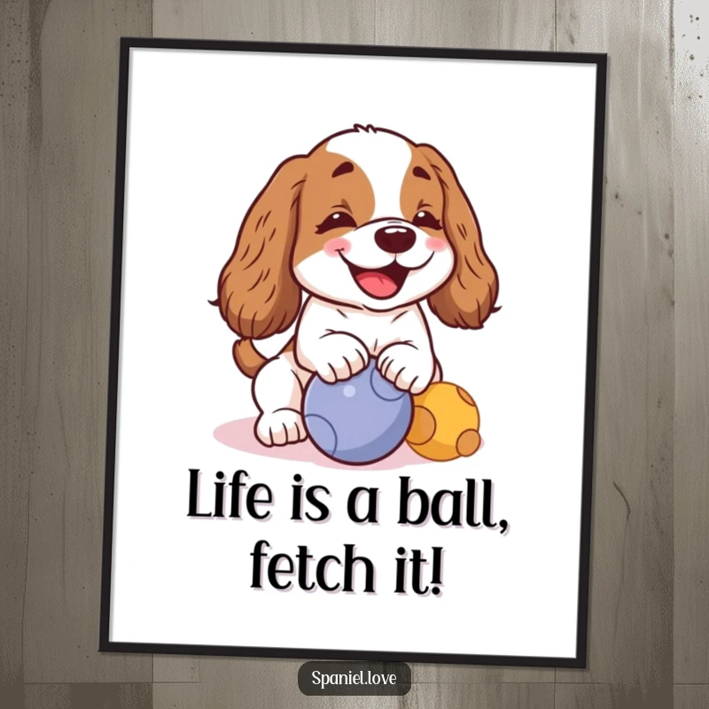 Funny Free Printable Wall Art: A kawaii spaniel barks happily while playfully nudging a ball.
