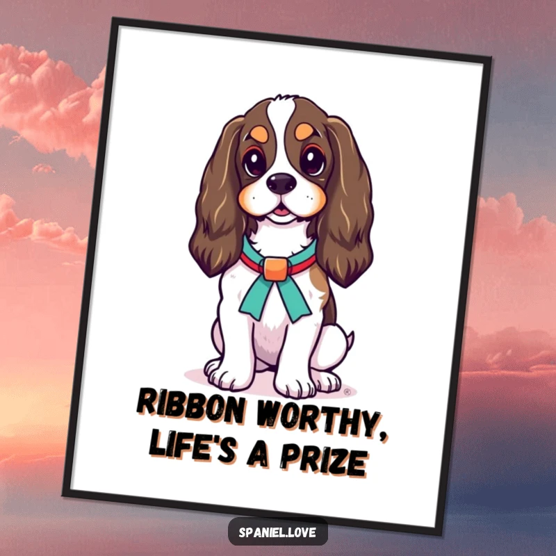 Funny Free Printable Wall Art: Spaniel standing proudly with a colorful ribbon, an elegant and charming print.