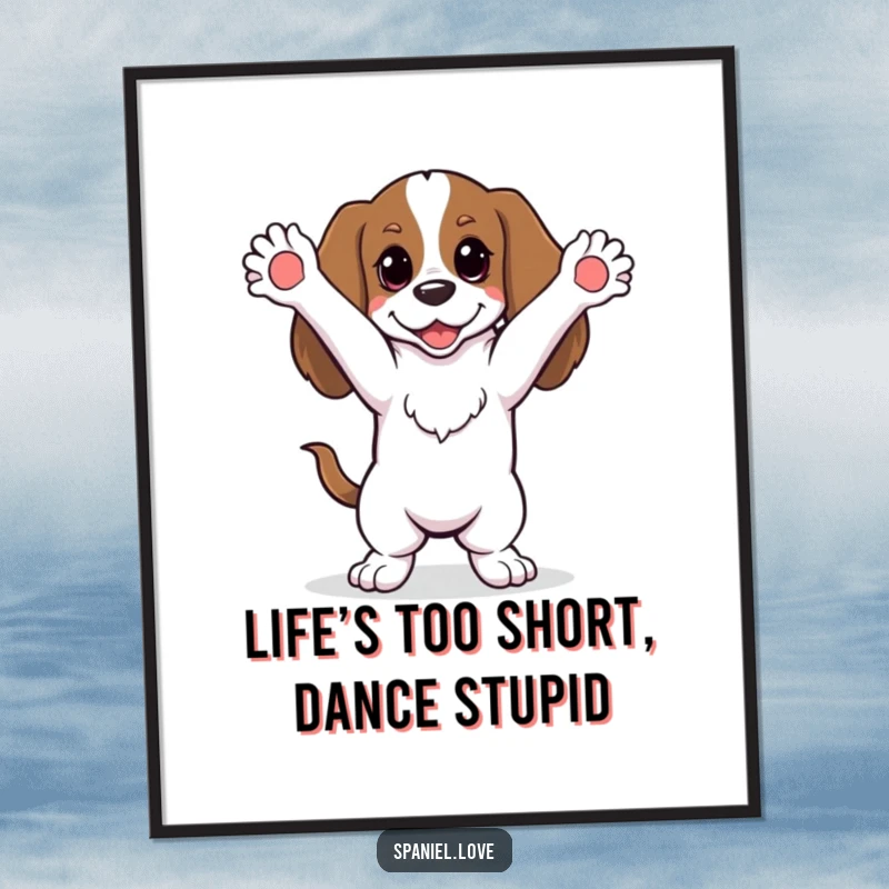 Funny Free Printable Wall Art: A spaniel is doing a silly dance with its paws joyfully in the air.