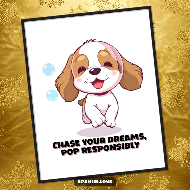 Funny Free Printable Wall Art: An energetic spaniel enthusiastically chasing a large, sparkling bubble, creating a whimsical scene.