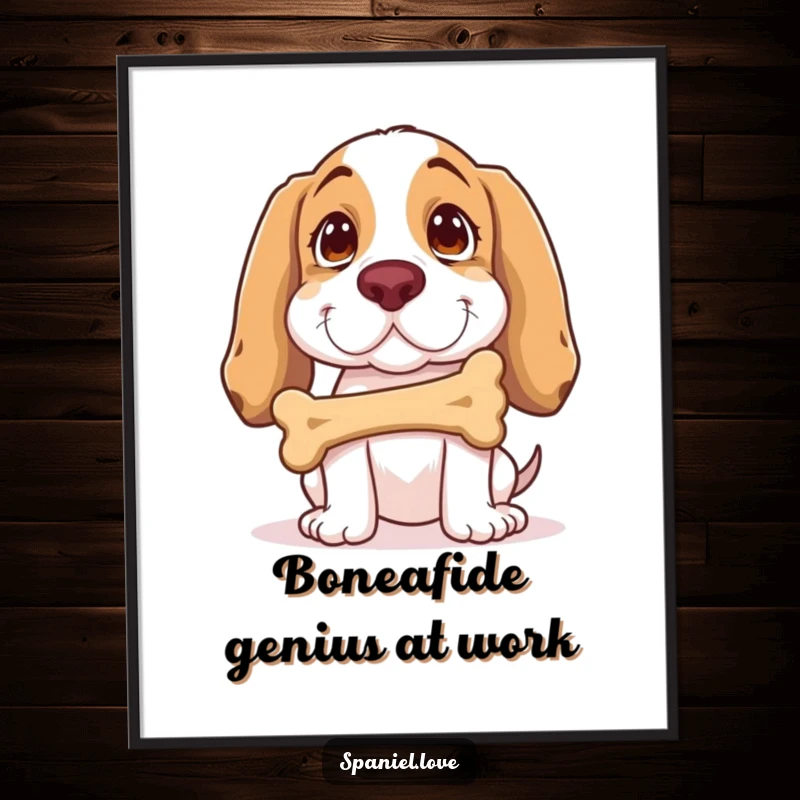 Funny Free Printable Wall Art: Spaniel concentrating intensely to balance a bone on its nose, a perfect comedic display.