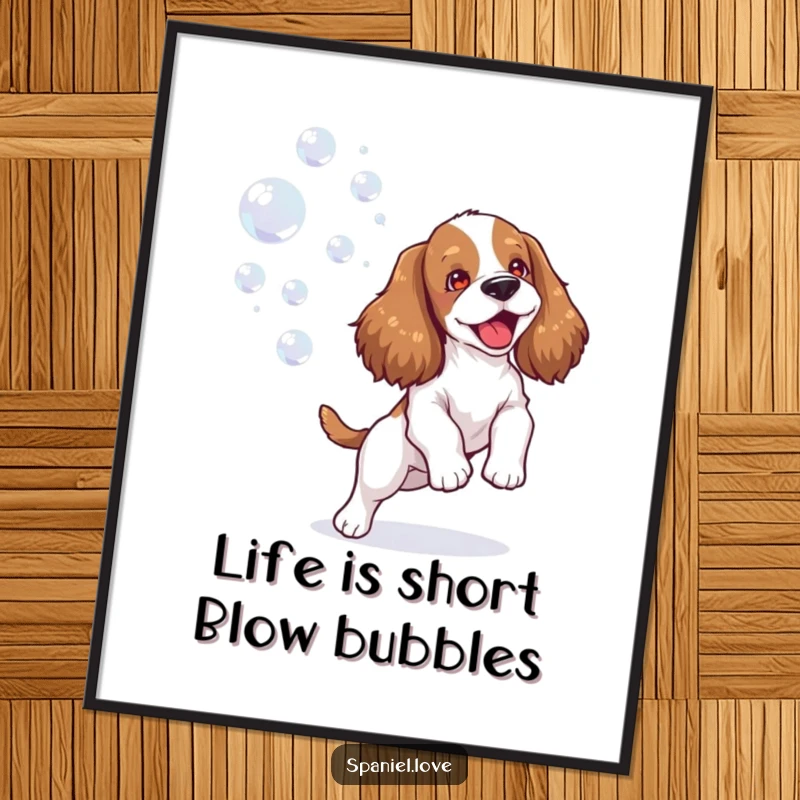 Funny Free Printable Wall Art: A spaniel joyfully plays amongst a stream of shimmering, iridescent bubbles.