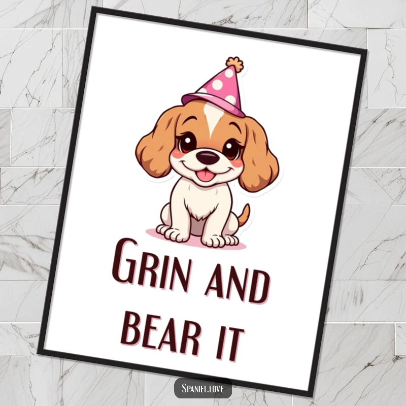 Funny Free Printable Wall Art: A spaniel character with a goofy grin and a party hat, bringing festive vibes.