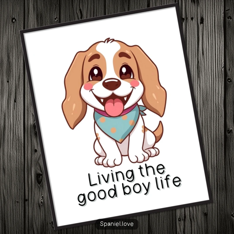 Funny free printable wall art of a happy spaniel in a bandana, panting contentedly with its mouth open.